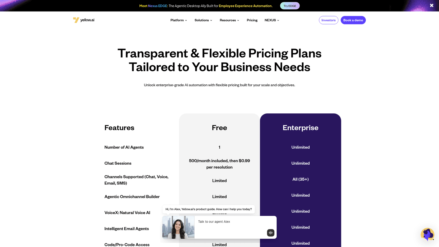 Yellow.ai pricing page showing a Free plan with 500 chat sessions a month and an Enterprise plan with unlimited sessions, as taken from Yellow.ai