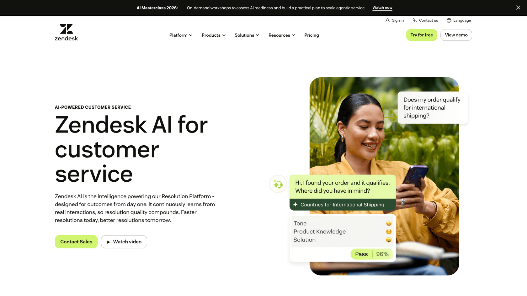 Zendesk AI page with the headline Zendesk AI for customer service and a chat example about international shipping, as taken from Zendesk