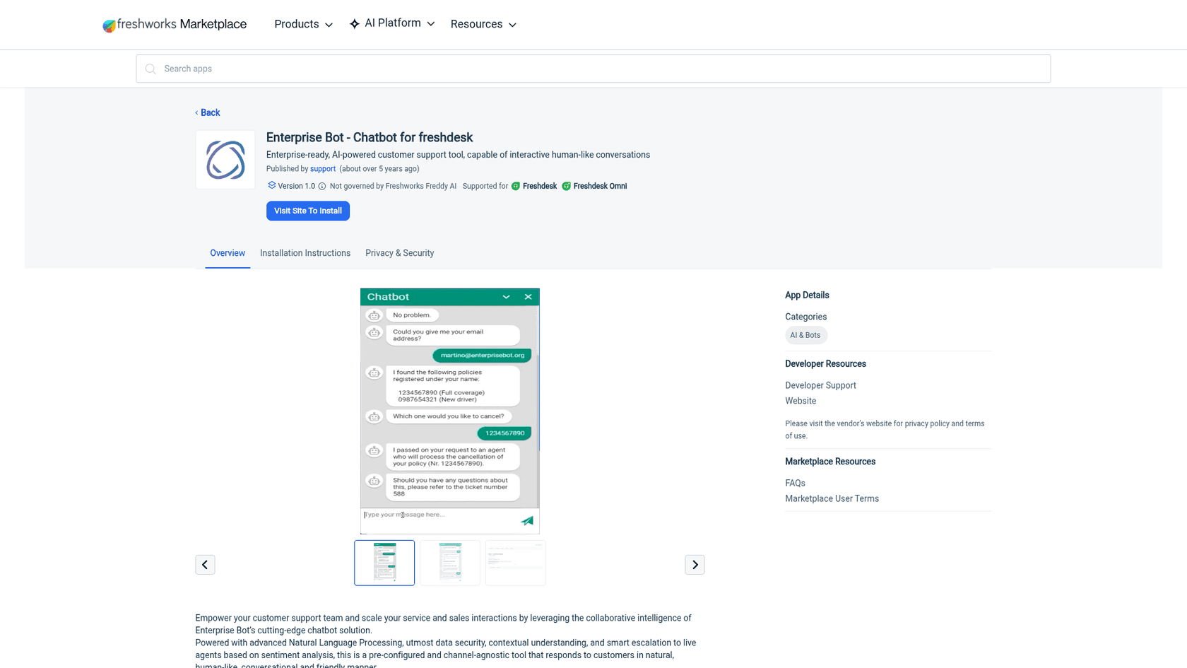 Freshworks Marketplace listing for Enterprise Bot Chatbot for Freshdesk, showing Version 1.0 and a Visit Site To Install button, as taken from Freshworks Marketplace
