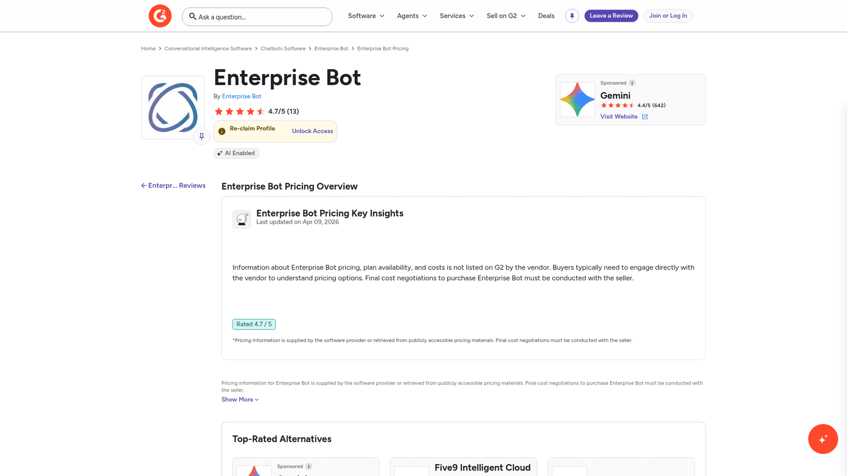 G2 pricing overview for Enterprise Bot saying pricing is not listed by the vendor, as taken from G2