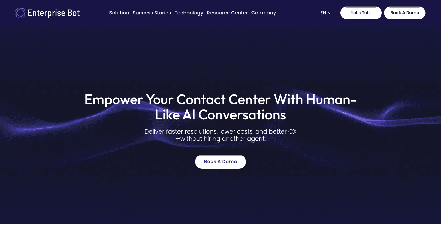 Enterprise Bot homepage with the headline about human-like AI conversations for contact centers and a Book A Demo button, as taken from Enterprise Bot