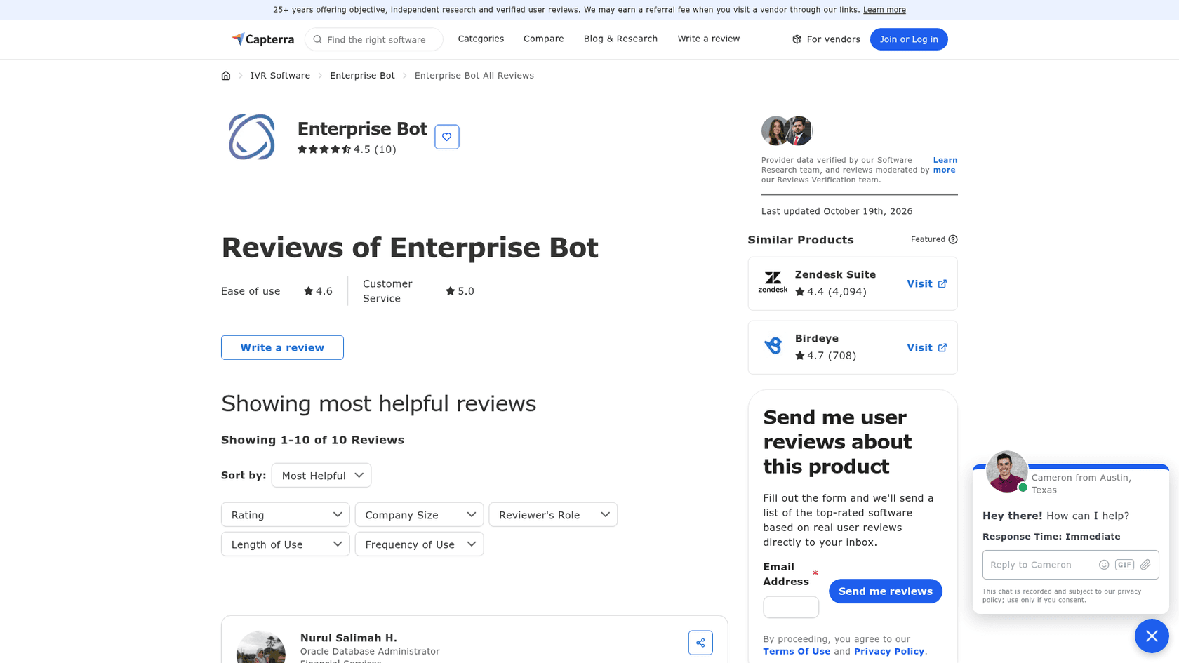 Capterra reviews page for Enterprise Bot showing a 4.5 rating from 10 reviews, ease of use 4.6 and customer service 5.0, as taken from Capterra