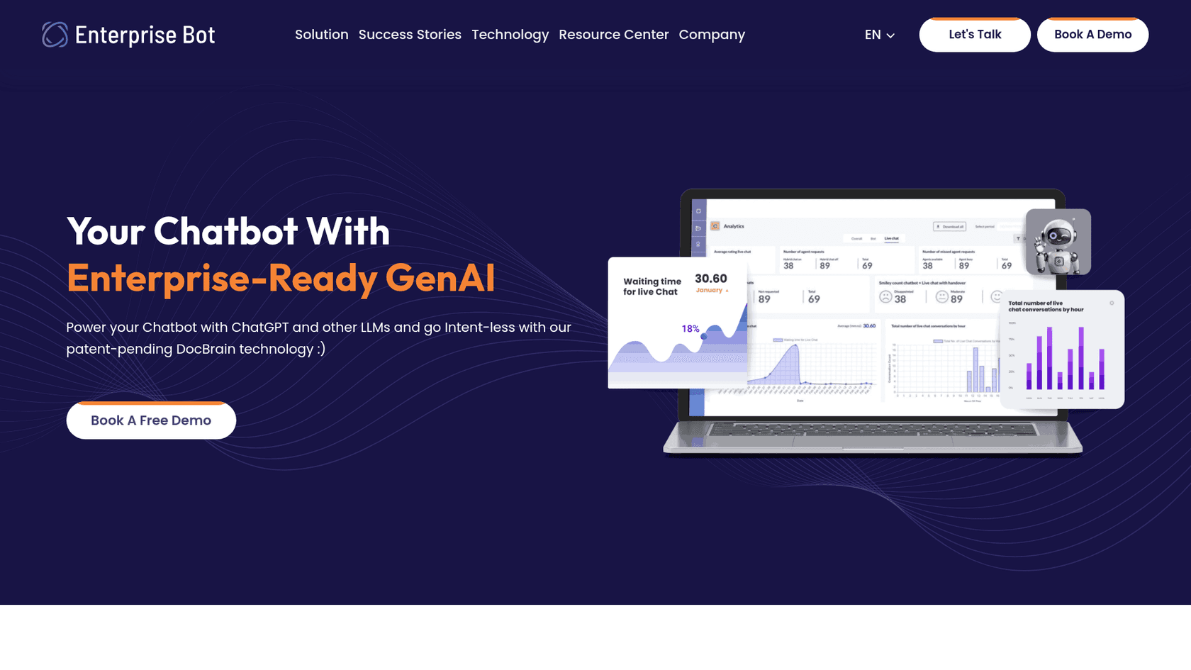 Enterprise Bot chatbot page with the headline Your Chatbot With Enterprise-Ready GenAI and an analytics dashboard showing live chat waiting times, as taken from Enterprise Bot
