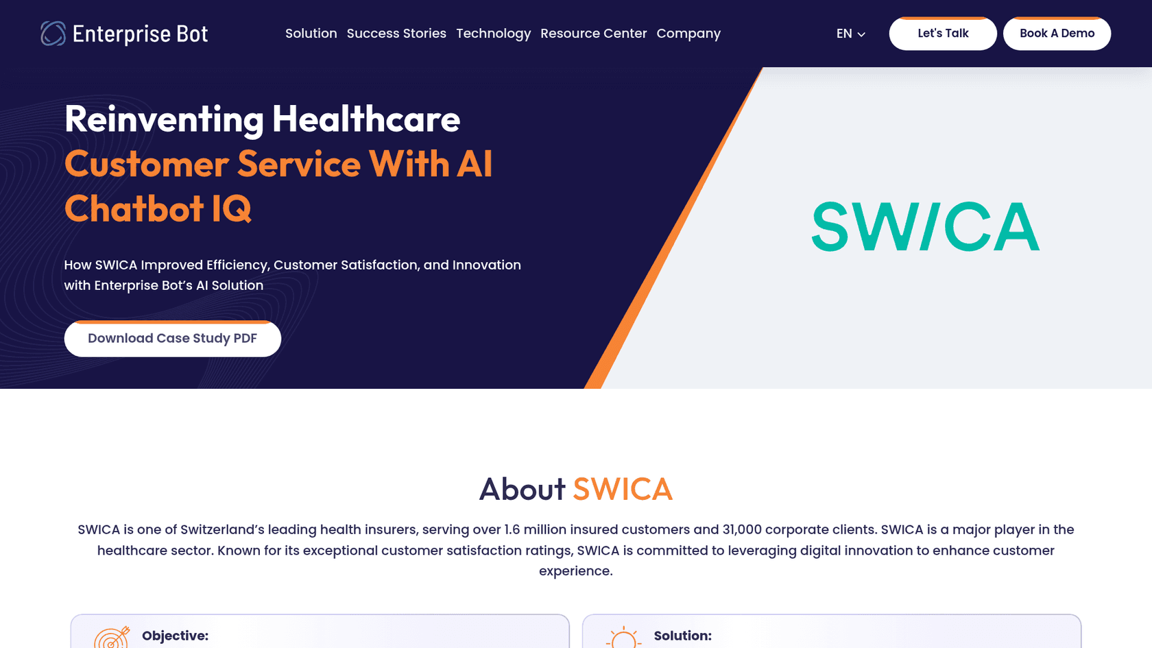 Enterprise Bot case study page for SWICA, titled Reinventing Healthcare Customer Service With AI Chatbot IQ, as taken from Enterprise Bot