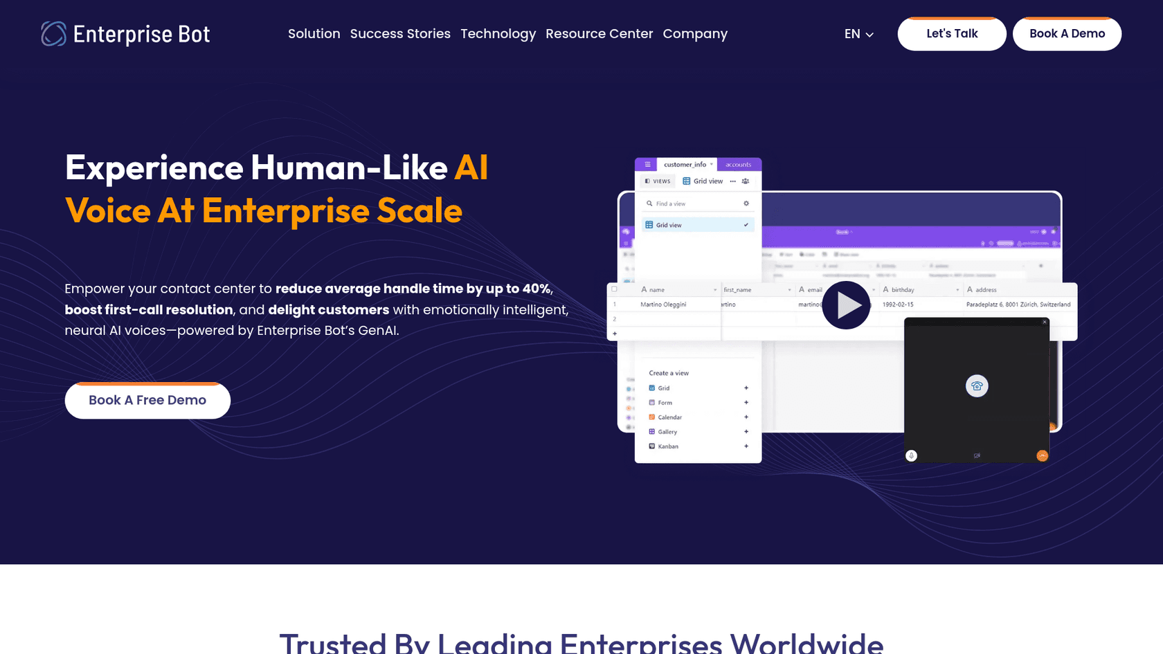 Enterprise Bot voice bot page with the headline Experience Human-Like AI Voice At Enterprise Scale and a demo video of a caller record, as taken from Enterprise Bot