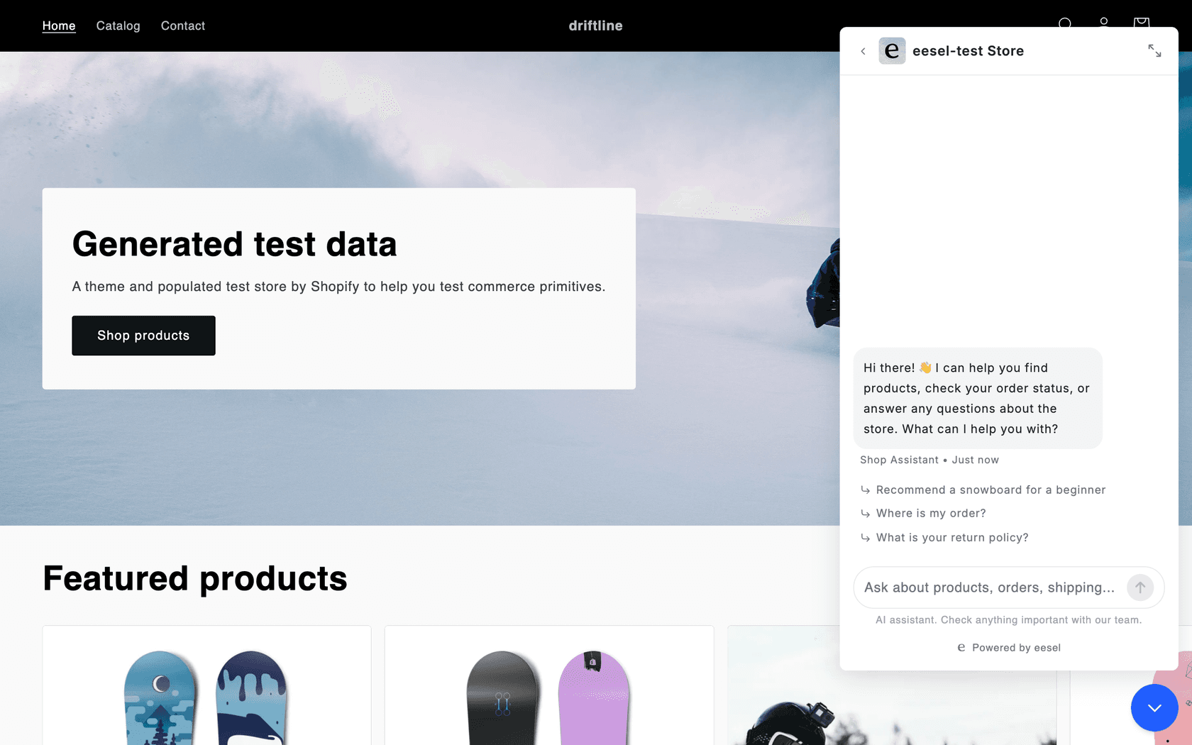 eesel chat bubble open on a demo store, with a welcome message, the agent name Shop Assistant, three starter questions and the line AI assistant. Check anything important with our team. under the message box, as taken from the eesel docs