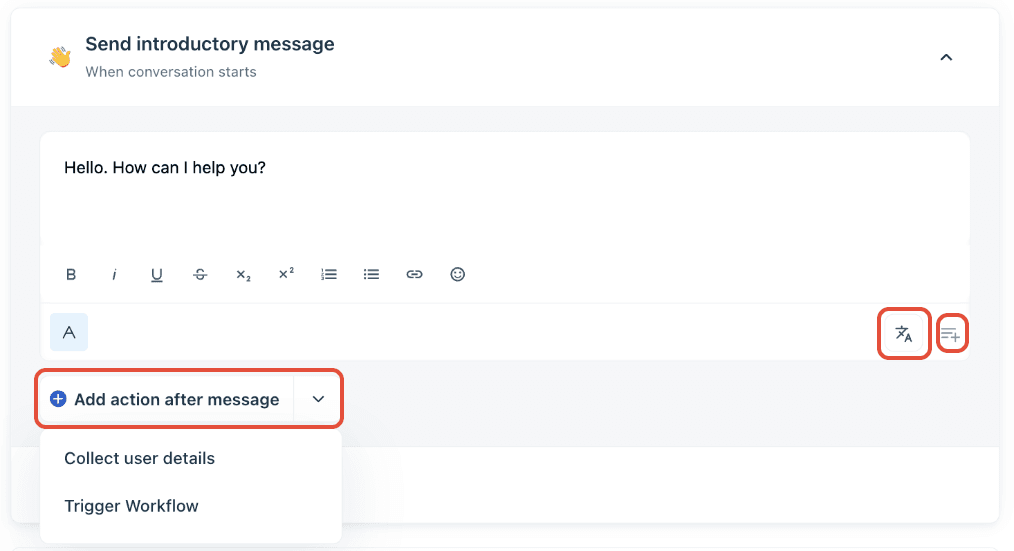 Freshdesk AI Agent introductory message editor showing the default text Hello. How can I help you?, with translate and add action buttons, as taken from Freshdesk's support docs