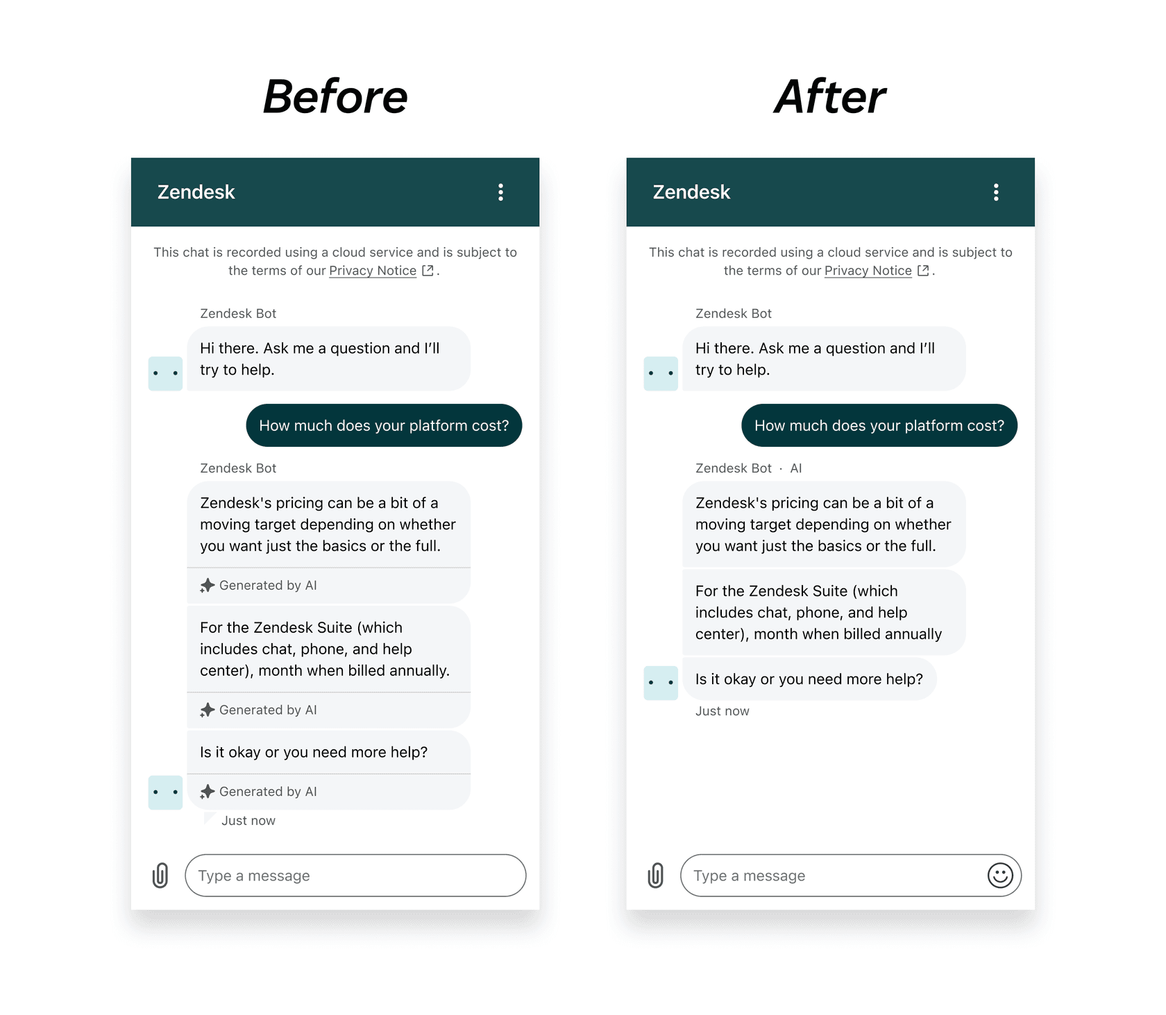 Zendesk Web Widget before and after its March 2026 redesign, moving from a Generated by AI footer on every message to an AI tag next to the bot name, as taken from Zendesk's help center