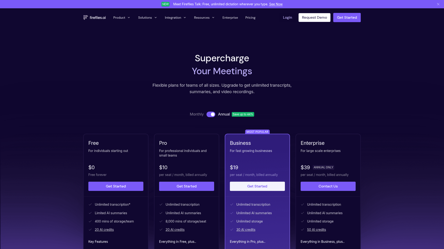 Fireflies.ai pricing page showing Free, Pro, Business and Enterprise plans, as taken from Fireflies
