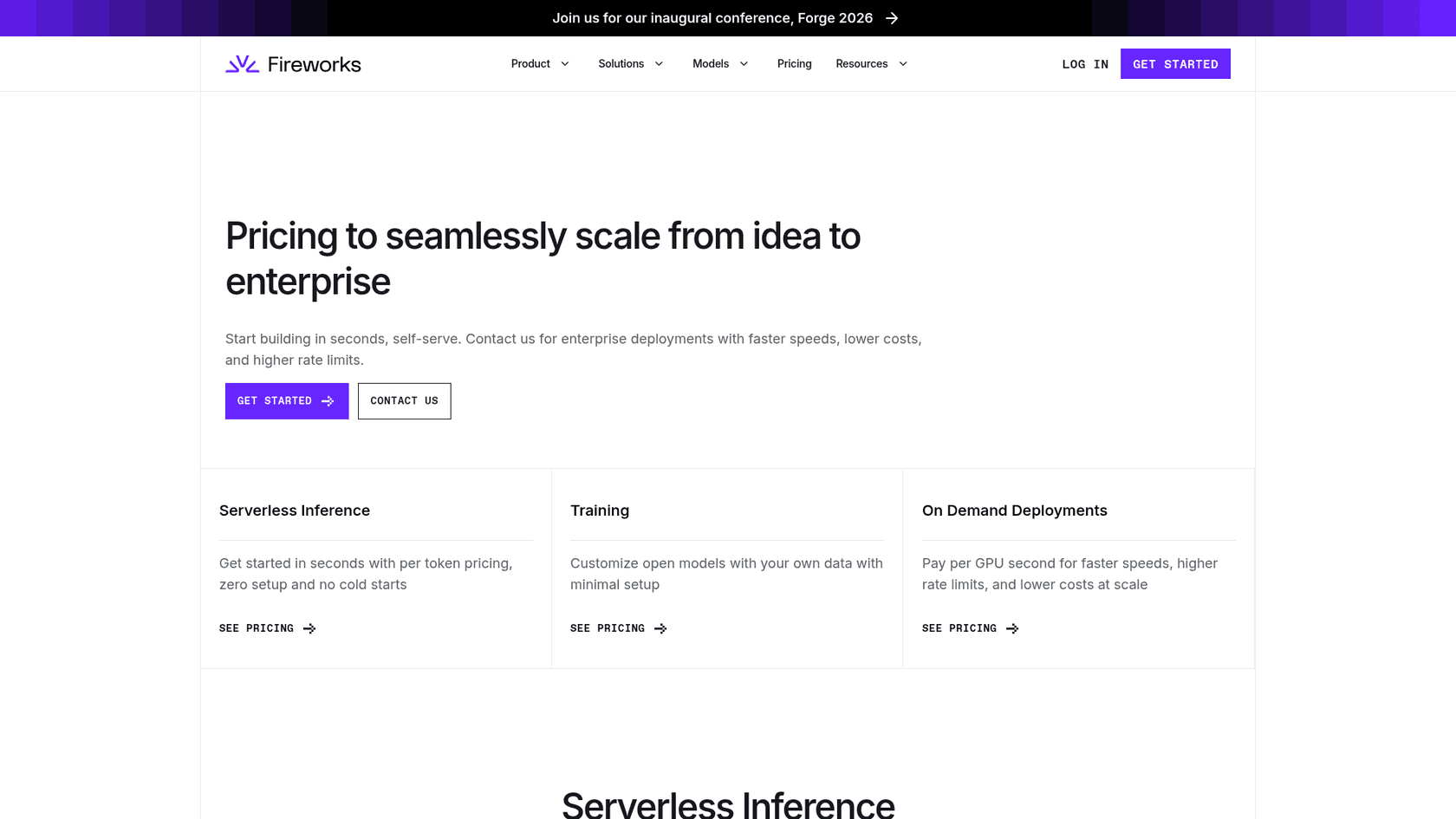 Fireworks AI pricing page with serverless, training, and on-demand sections, as taken from Fireworks