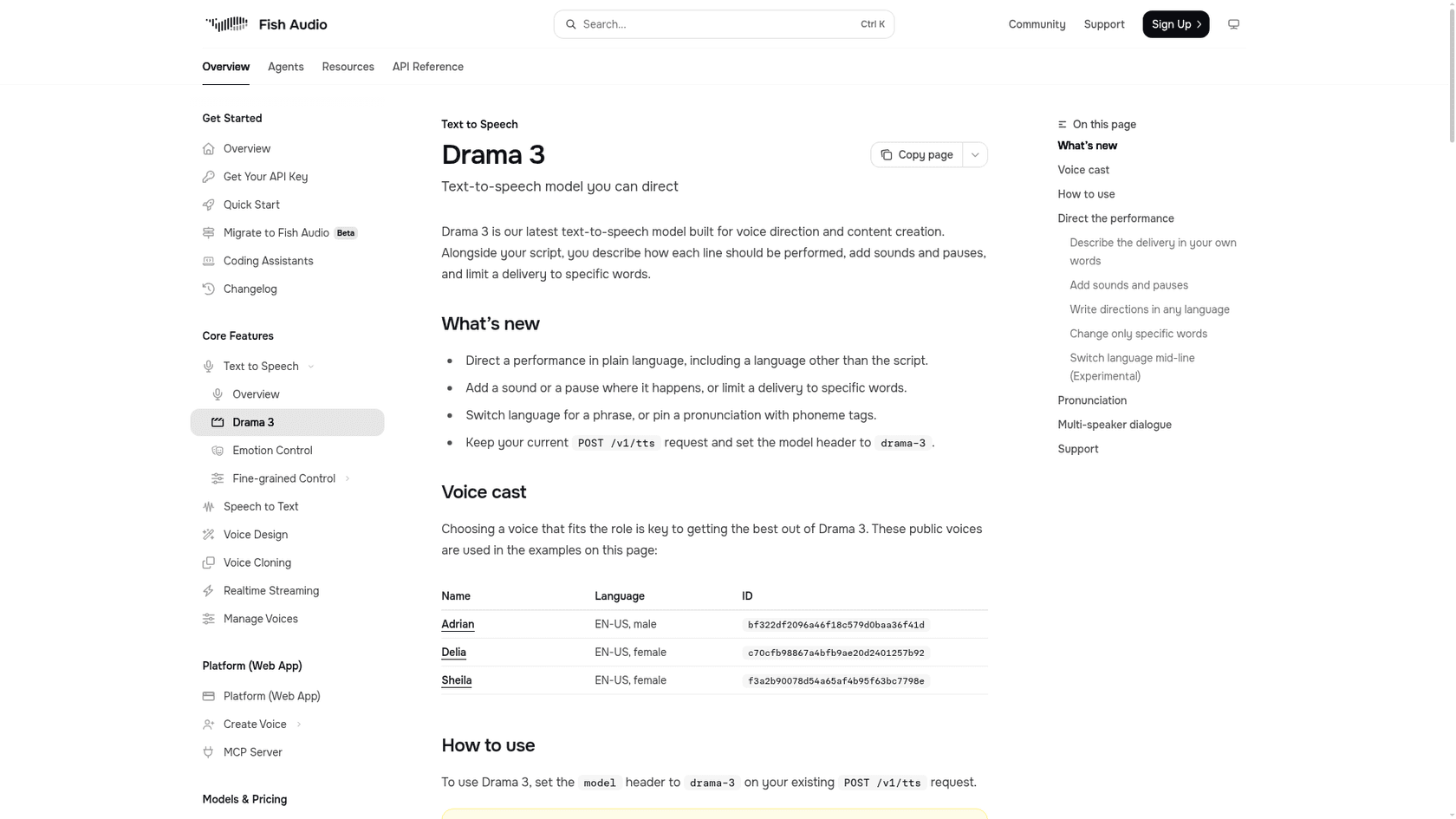 The Drama 3 page in Fish Audio's developer docs, showing the What's new list and the voice cast table, as taken from Fish Audio docs