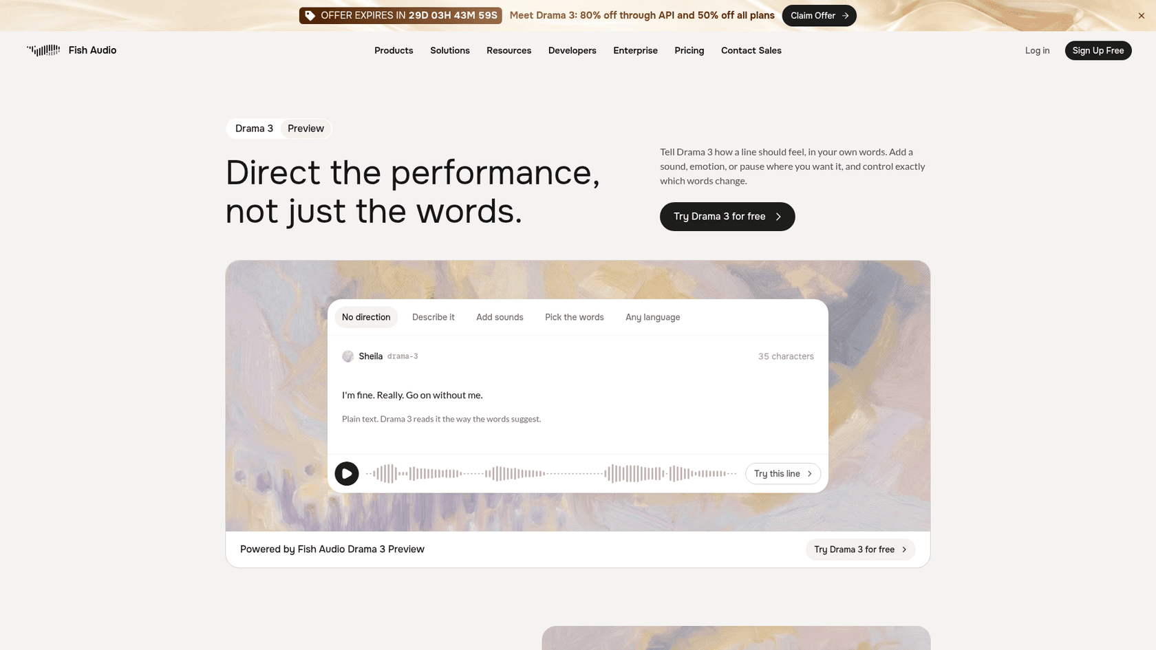 Fish Audio's Drama 3 landing page with the headline "Direct the performance, not just the words" and a demo card playing the line "I'm fine. Really. Go on without me.", as taken from Fish Audio