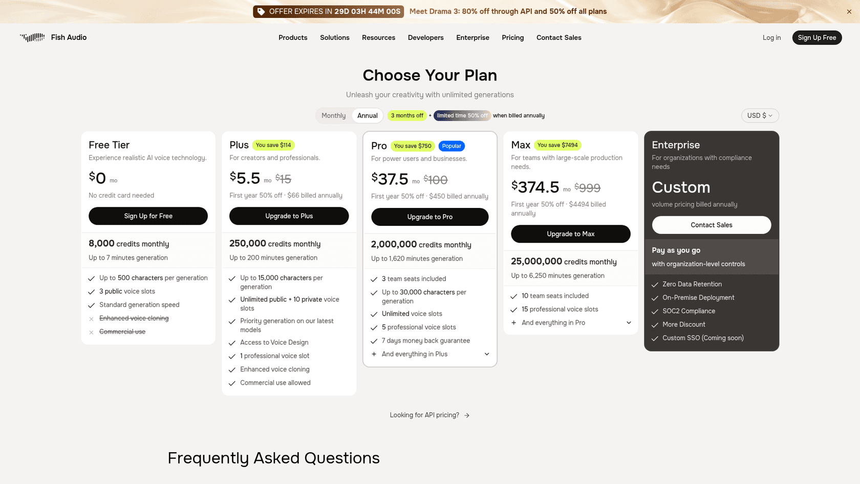 Fish Audio's plans page showing Free, Plus, Pro, Max and Enterprise with credits and the 50% launch discount, as taken from Fish Audio pricing
