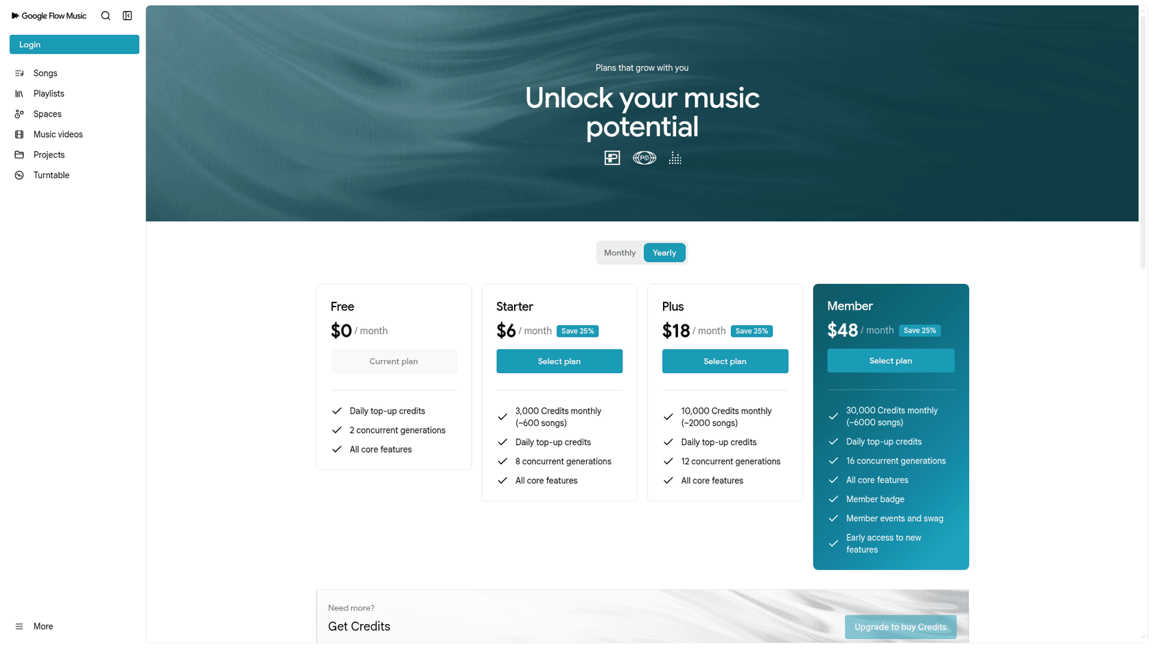 Google Flow Music pricing page with Free, Starter at $6, Plus at $18 and Member at $48 a month plans, as taken from Flow Music