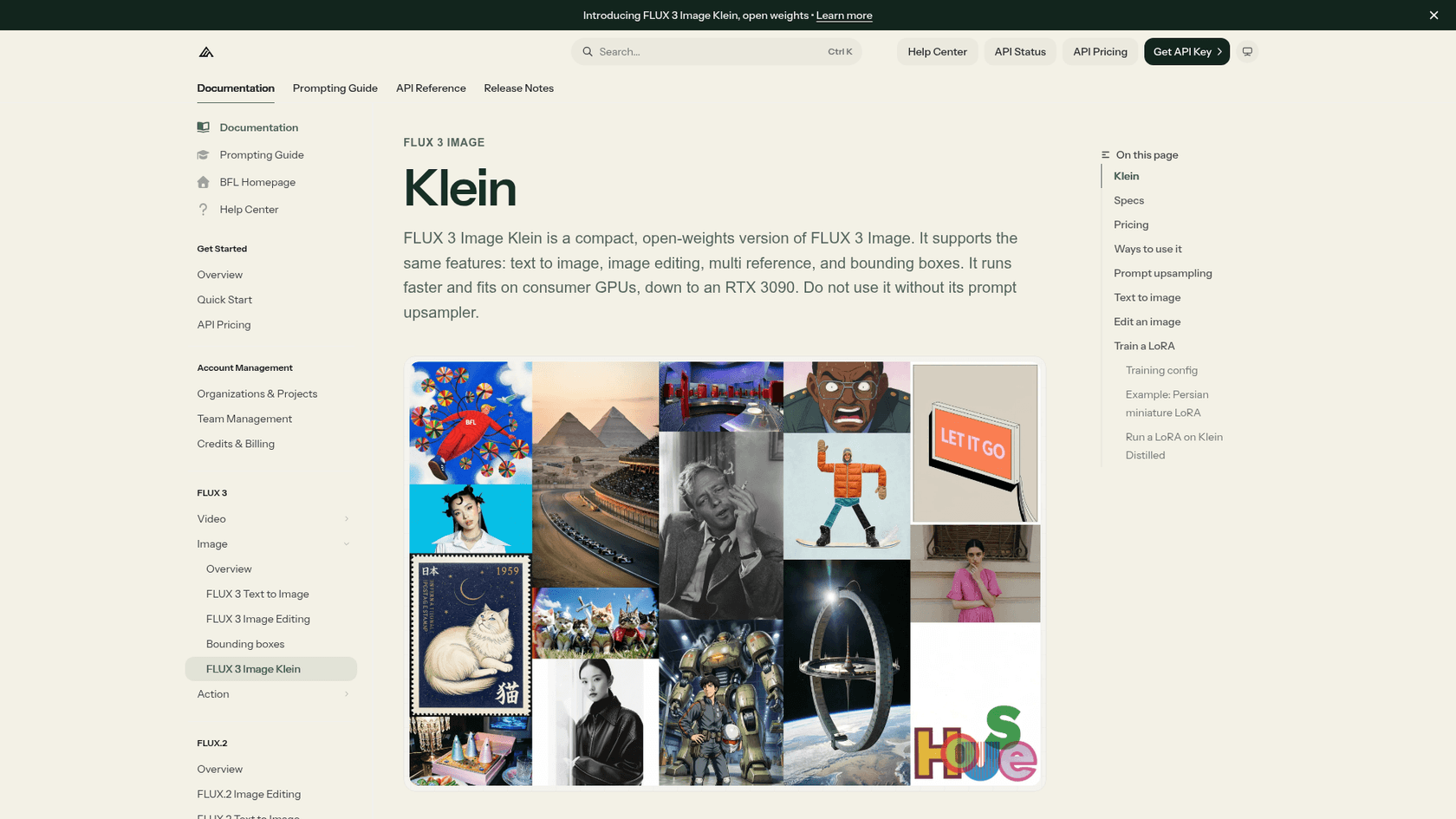 A página de documentação do FLUX 3 Image Klein, com o aviso para não usá-lo sem o ampliador de prompt abaixo do título, conforme obtida da documentação da BFL