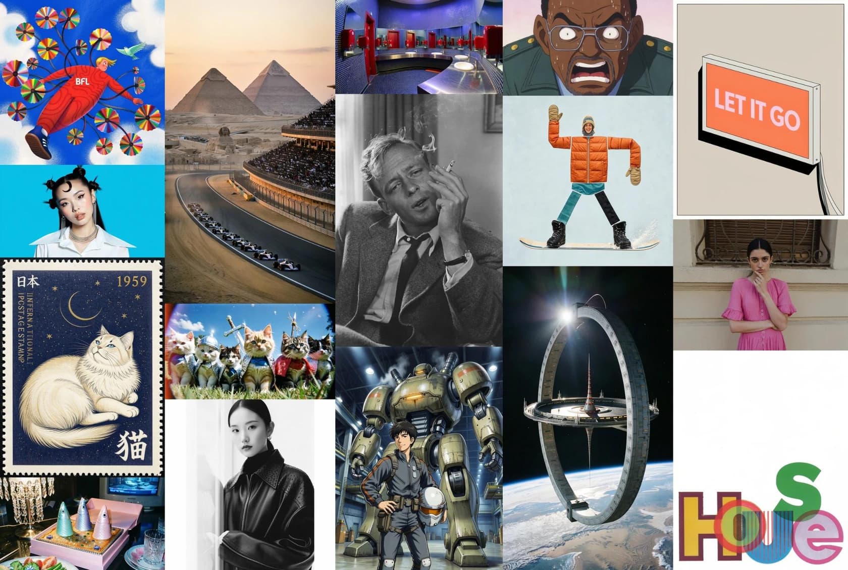A collage of FLUX 3 Image Klein sample outputs including a navy cat postage stamp with garbled English caption letters, a portrait, a racetrack and an anime robot, as taken from Black Forest Labs