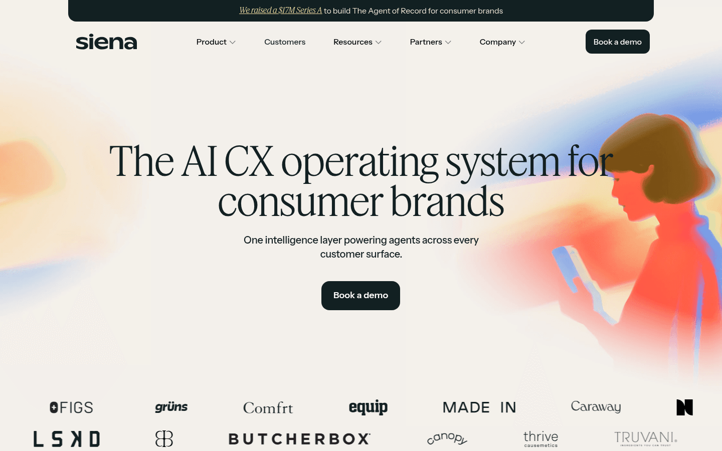 Siena's homepage headlined The AI CX operating system for consumer brands, with the line One intelligence layer powering agents across every customer surface, a Book a demo button, a Series A announcement banner and a row of customer logos, as taken from Siena