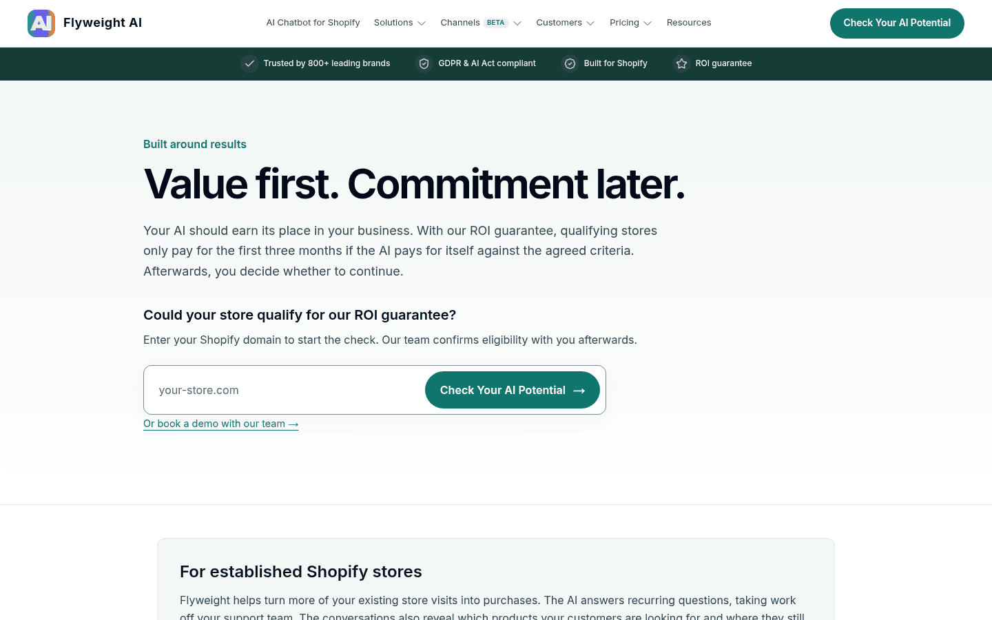Flyweight's ROI guarantee page headed "Value first. Commitment later." with a store domain field and a Check Your AI Potential button, as taken from Flyweight