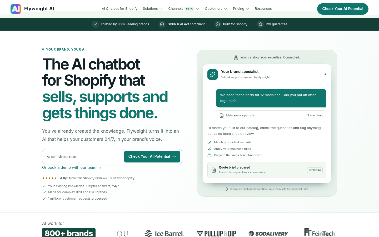Flyweight AI homepage with the headline The AI chatbot for Shopify that sells, supports and gets things done, a store URL field with a Check Your AI Potential button, and a sample chat where a brand specialist matches a 12-machine parts list to the catalog and prepares a quote brief for review, as taken from Flyweight