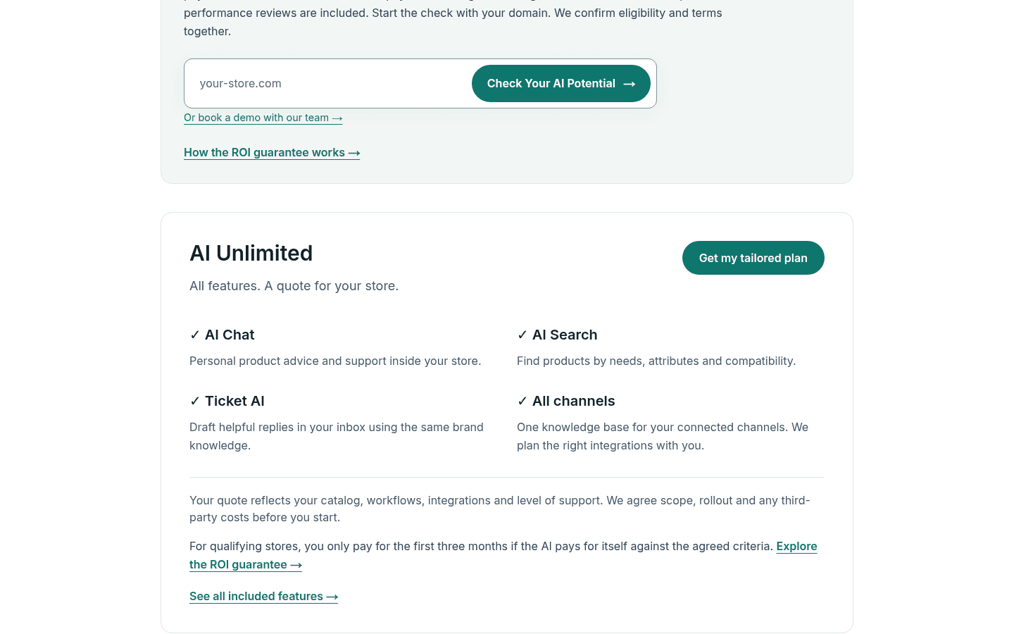 Flyweight's pricing page showing the AI Unlimited plan, All features, A quote for your store, with a Get my tailored plan button and four included items: AI Chat, AI Search, Ticket AI and All channels, above a note on the ROI guarantee for qualifying stores, as taken from Flyweight