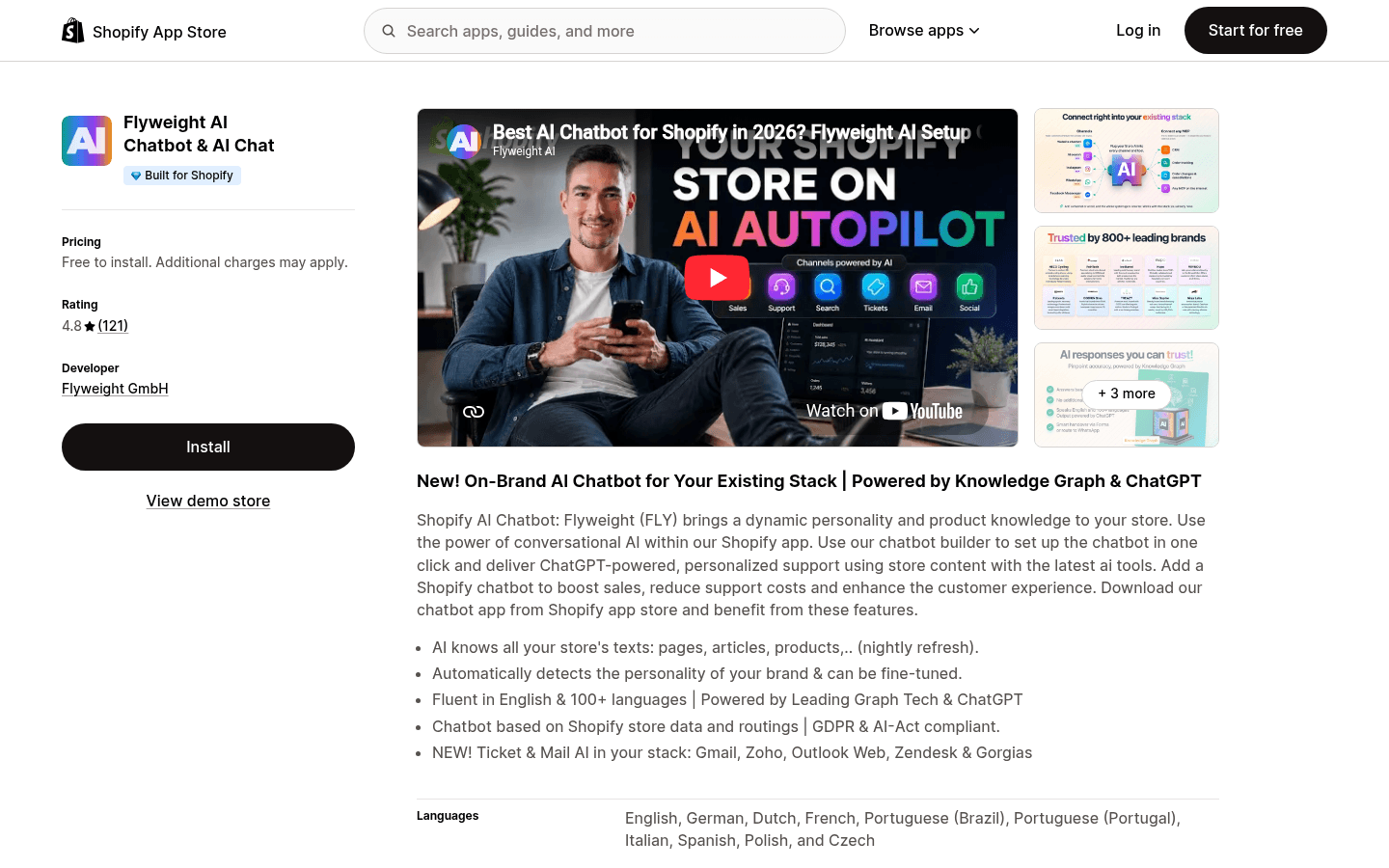 Flyweight's Shopify App Store listing with the Built for Shopify badge, pricing shown as Free to install with additional charges, a 4.8 rating from 121 reviews, developer Flyweight GmbH, a setup video and the listing's feature bullets, as taken from the Shopify App Store