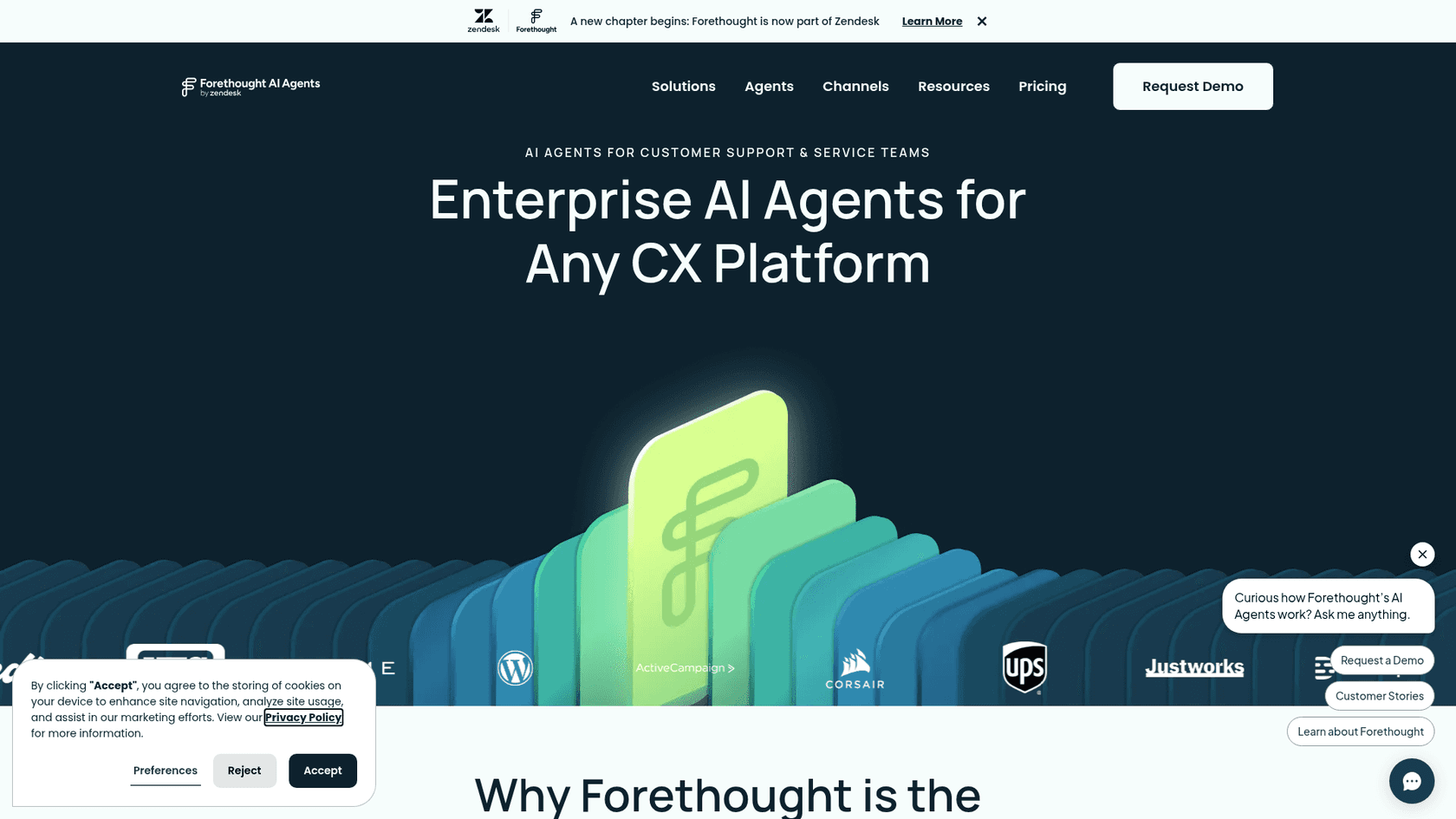 Forethought's homepage banner announcing it is now part of Zendesk, as taken from Forethought