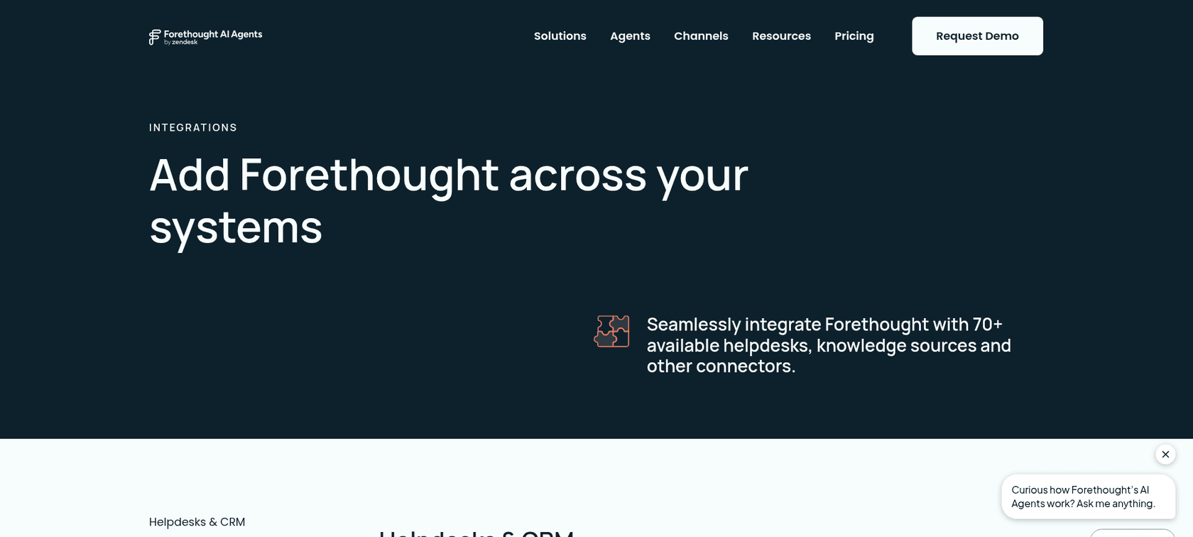 Forethought integrations page, "Add Forethought across your systems", now branded Forethought AI Agents by Zendesk, as taken from Forethought