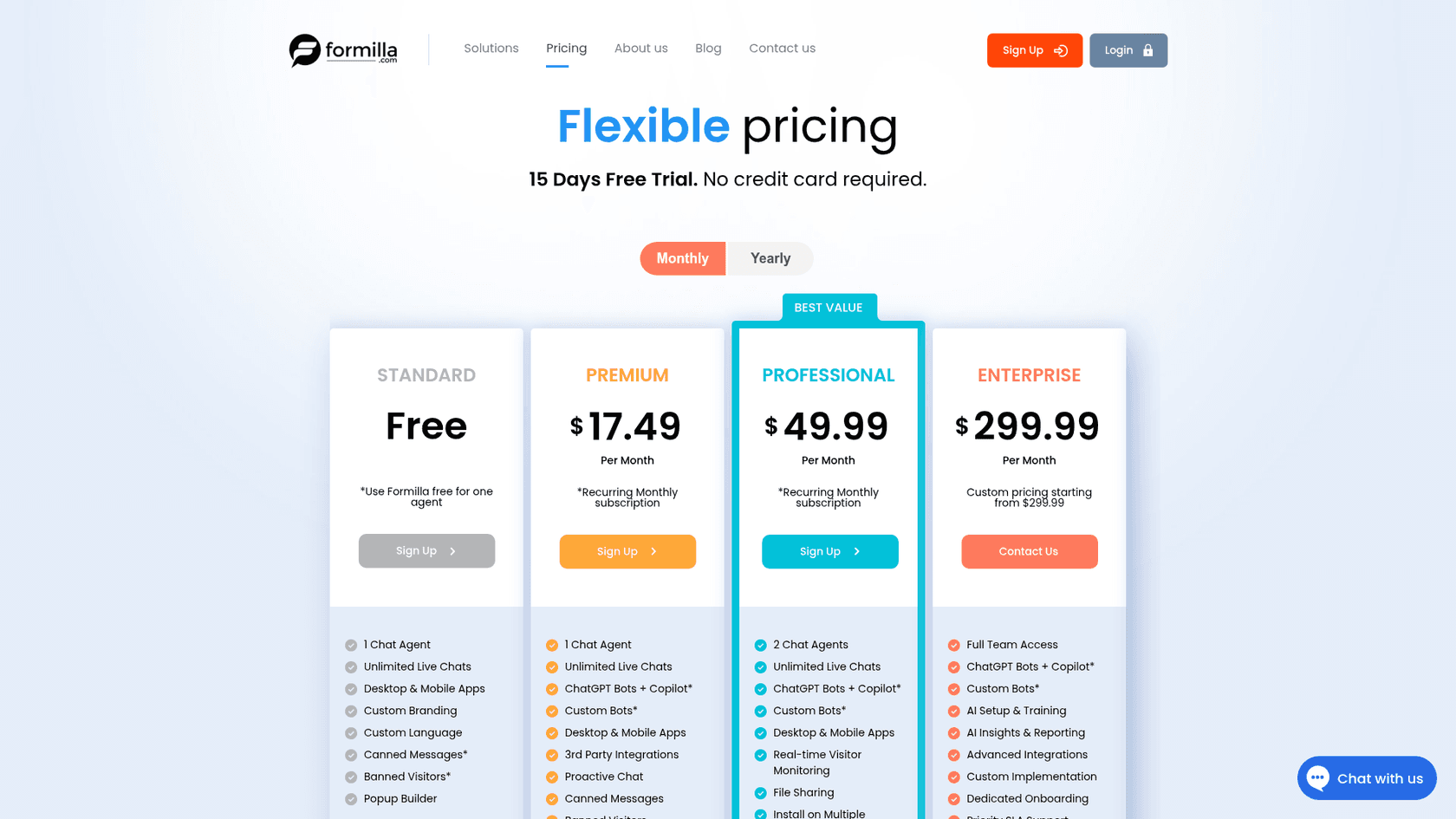 Formilla's pricing page on the monthly toggle, showing Standard free for one agent, Premium at $17.49 per month, Professional at $49.99 per month marked best value, and Enterprise with custom pricing starting from $299.99, as taken from Formilla
