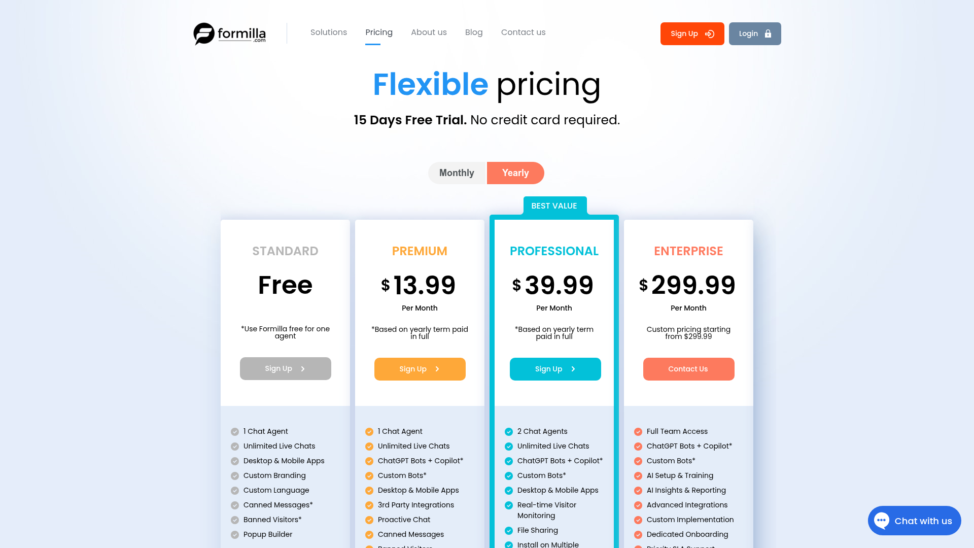 Formilla's pricing page on the yearly toggle, showing Premium at $13.99 and Professional at $39.99 per month based on a yearly term paid in full, Standard free and Enterprise custom from $299.99, as taken from Formilla