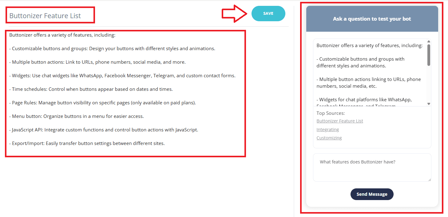 Formilla's ChatGPT Bot training screen with a Topic headed Buttonizer Feature List on the left listing product features, a Save button, and a test panel on the right where a sample question returns an answer with its top sources, as taken from the Formilla blog