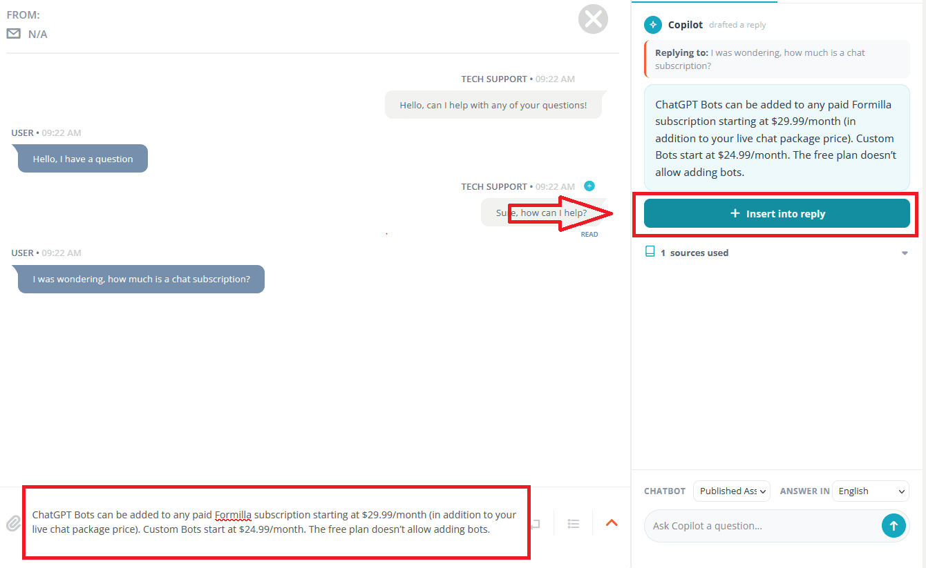 Formilla's Copilot panel beside a live chat, where a visitor asks how much a chat subscription is and Copilot drafts a reply about ChatGPT Bot and Custom Bot add-on pricing, with an Insert into reply button and the drafted text placed in the message box, as taken from the Formilla blog
