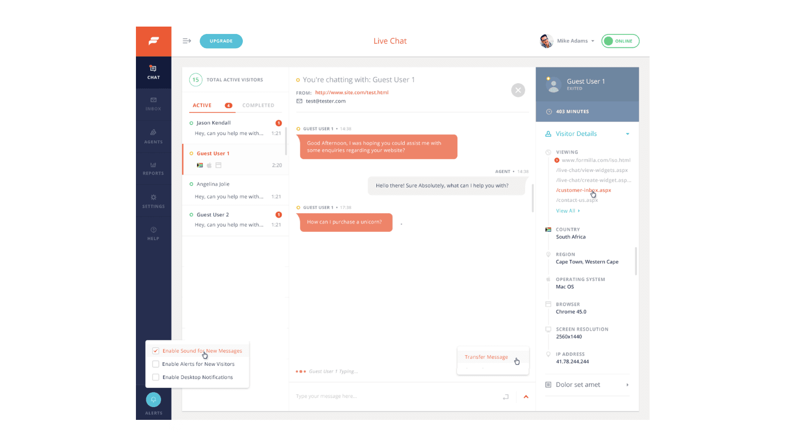 Formilla's live chat agent dashboard with active chats listed on the left, a conversation with Guest User 1 in the middle, and a visitor details panel on the right showing pages viewed, country, region, operating system and browser, as shown on the Formilla listing in the Shopify App Store