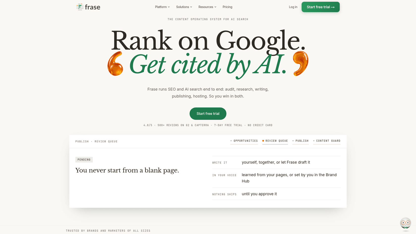 Frase's homepage describing audit, research, writing, and publishing, as taken from Frase