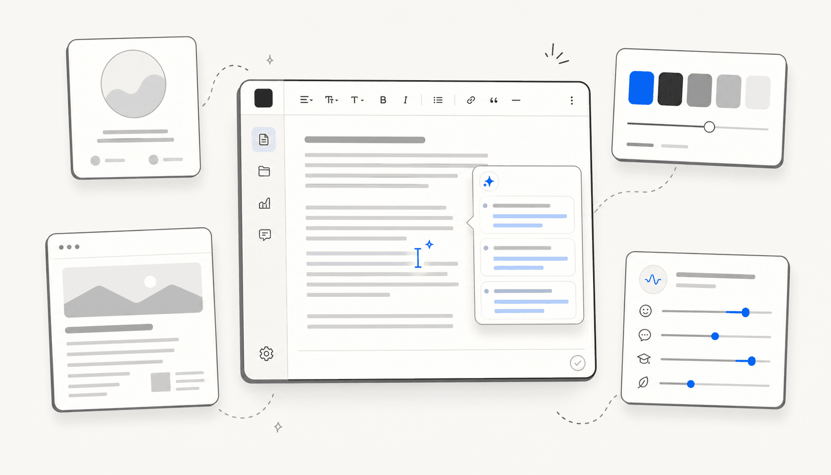 Schwebende Content-Editor-Panels mit KI-Schreibvorschlägen auf warmem Off-White-Hintergrund, die kostenlose KI-Schreibtools für Agenturen repräsentieren