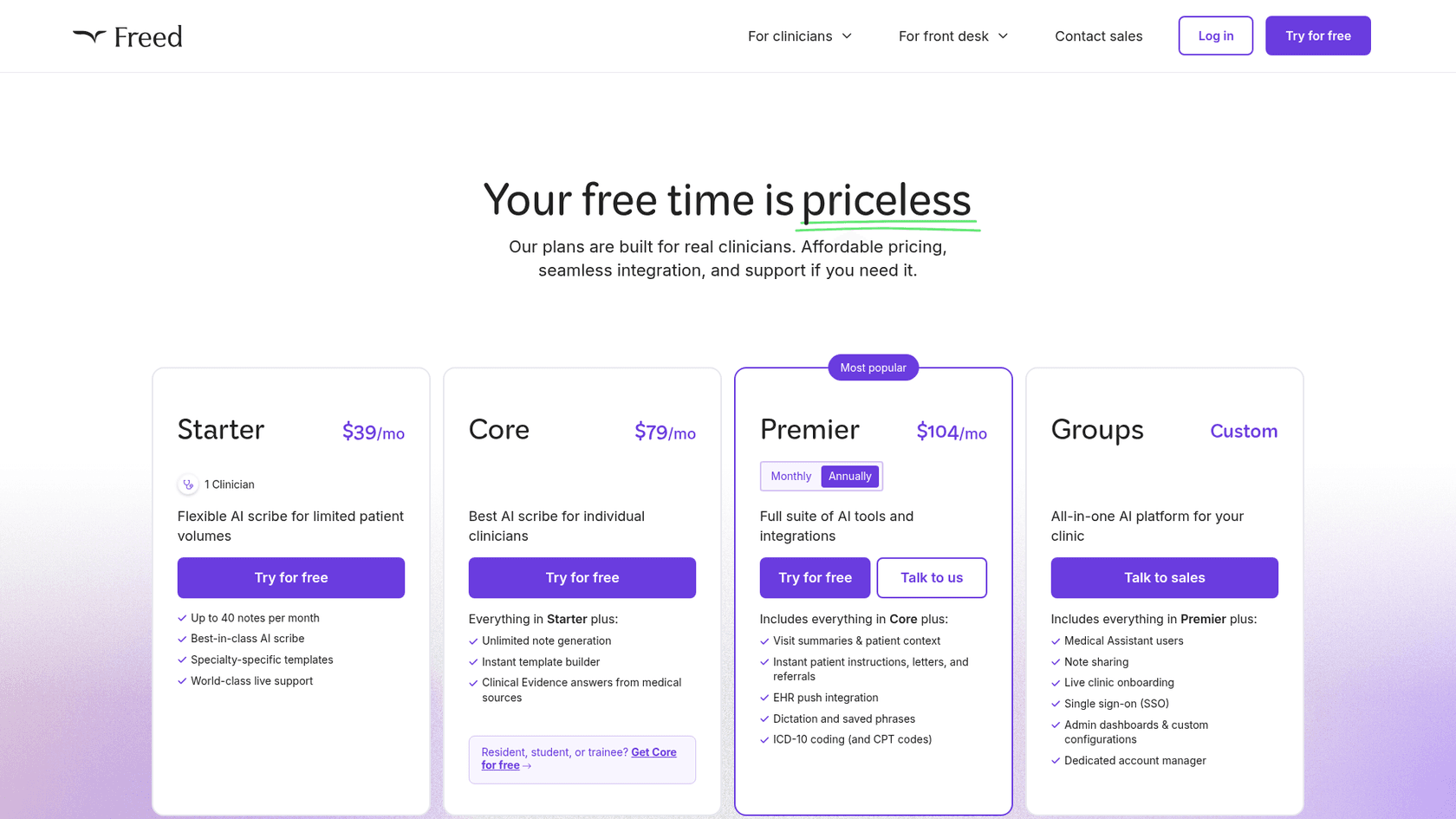 Freed pricing page showing Starter, Core, Premier and Groups plans, as taken from Freed
