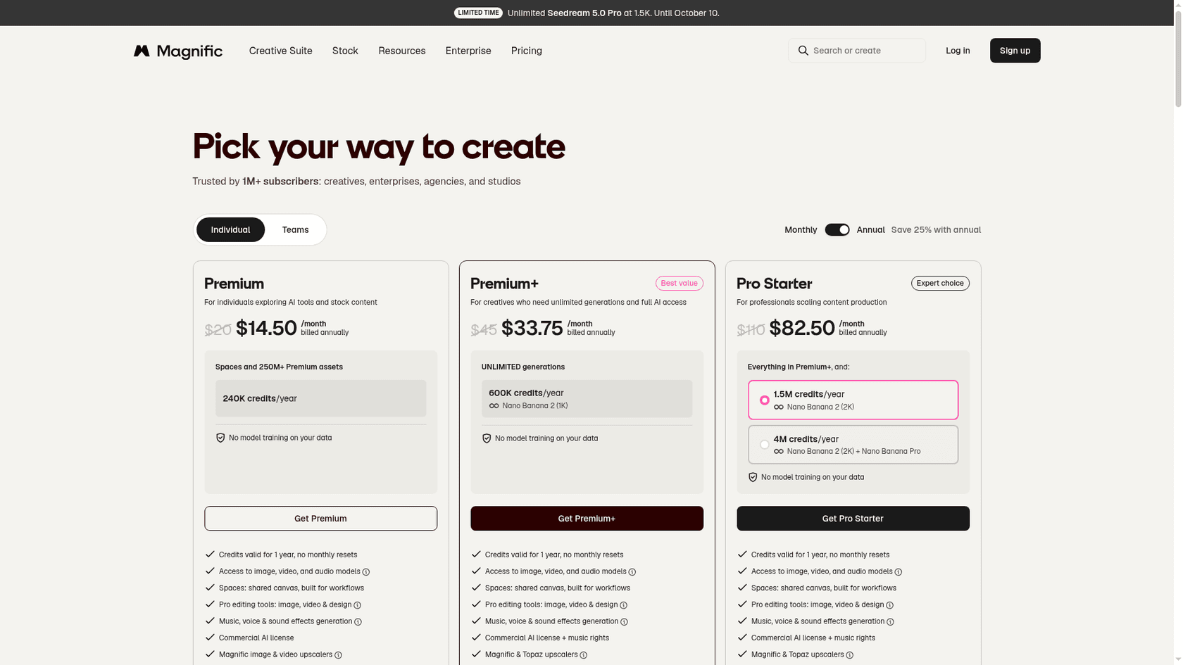 Magnific's pricing page showing the Premium, Premium+ and Pro Starter plans, as taken from Magnific
