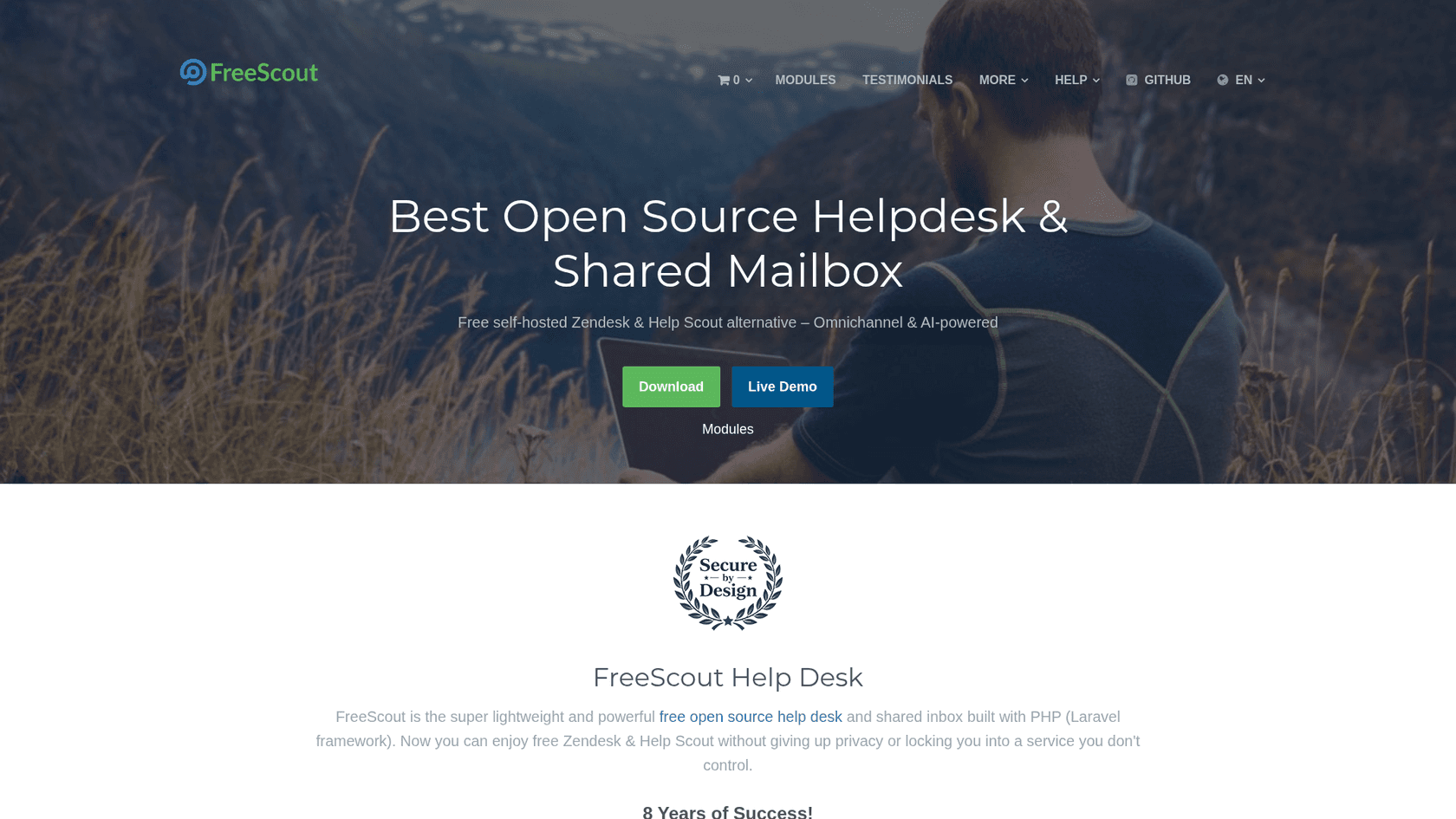 FreeScout's homepage describing its free self-hosted helpdesk and shared mailbox, as taken from FreeScout