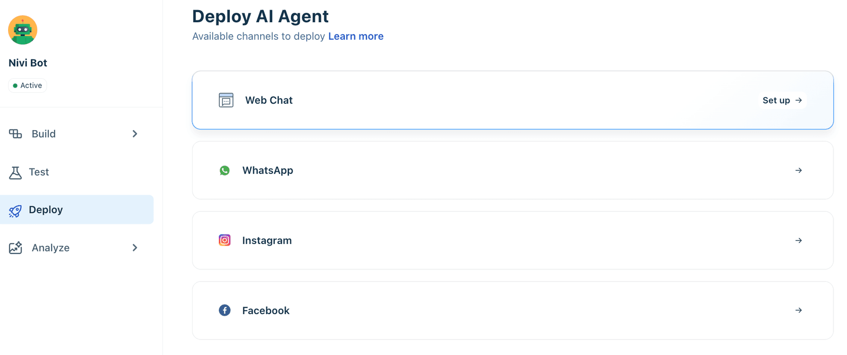 Freddy AI Agent deployment panel showing channel options for web chat, WhatsApp, Facebook and more
