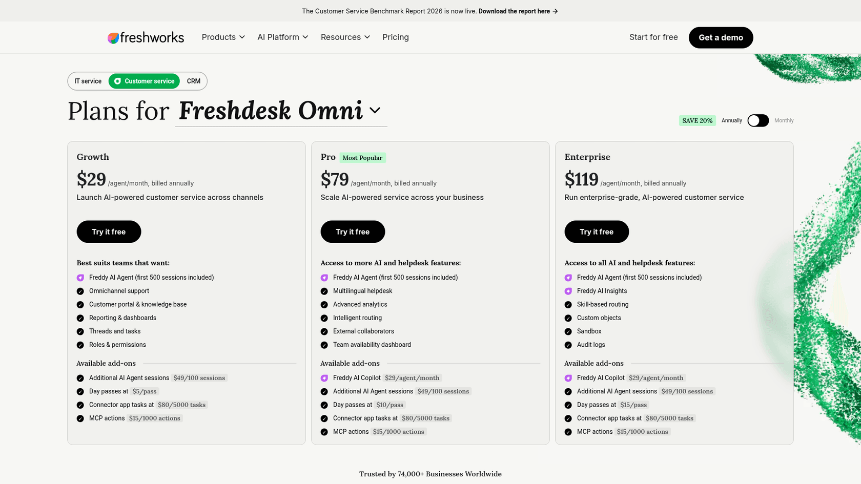 Freshdesk Omni pricing page showing Growth, Pro and Enterprise plans, as taken from Freshworks