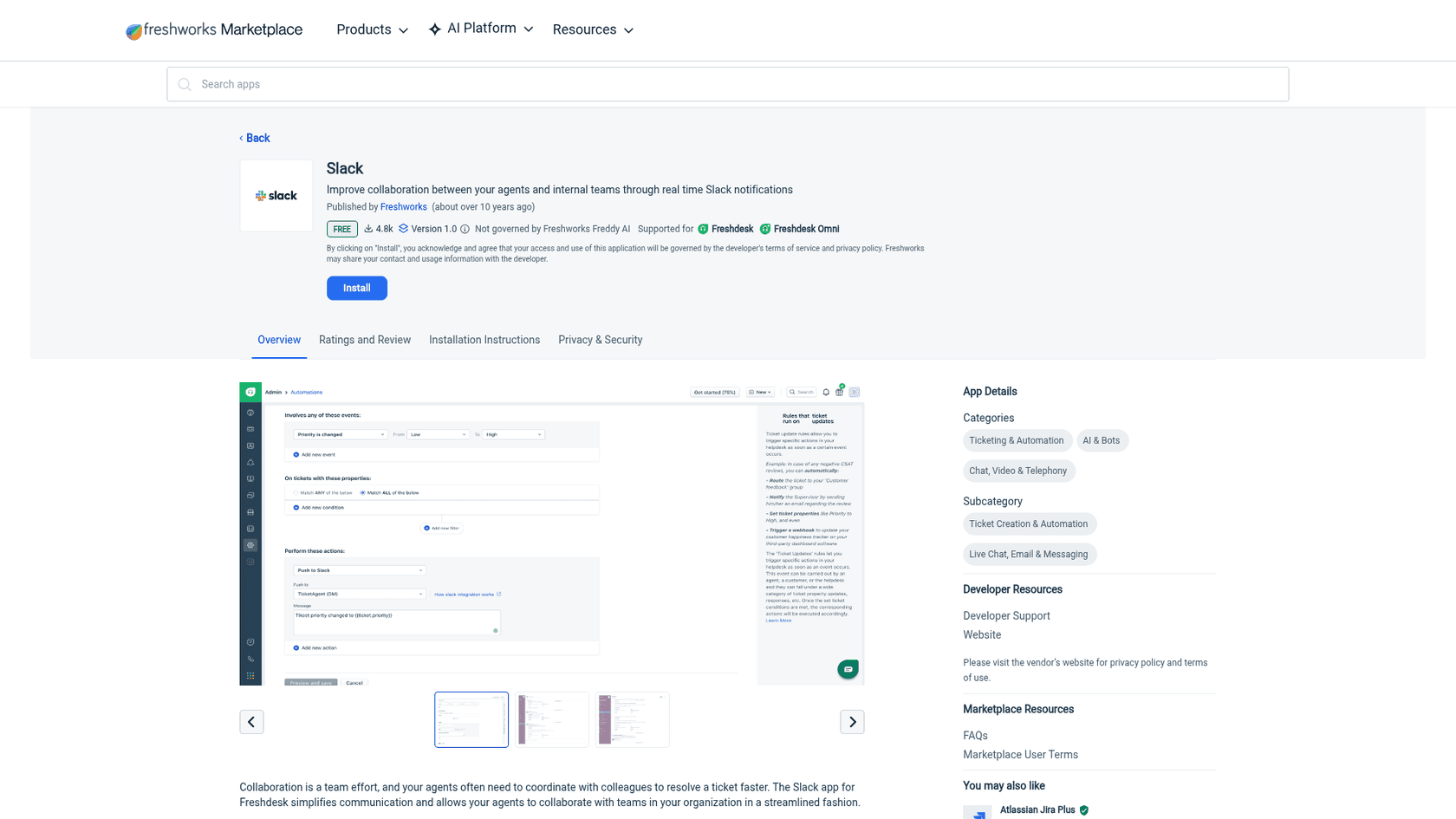 Freshdesk's Slack app listing in the Freshworks Marketplace, as taken from Freshworks Marketplace