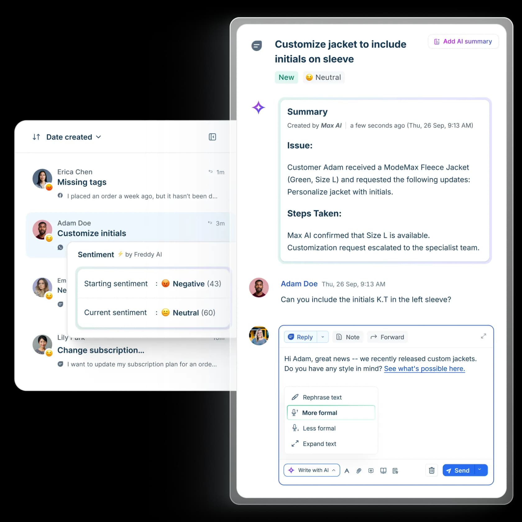 Freddy AI Copilot hero showing agent-assist writing, translation, and sentiment features
