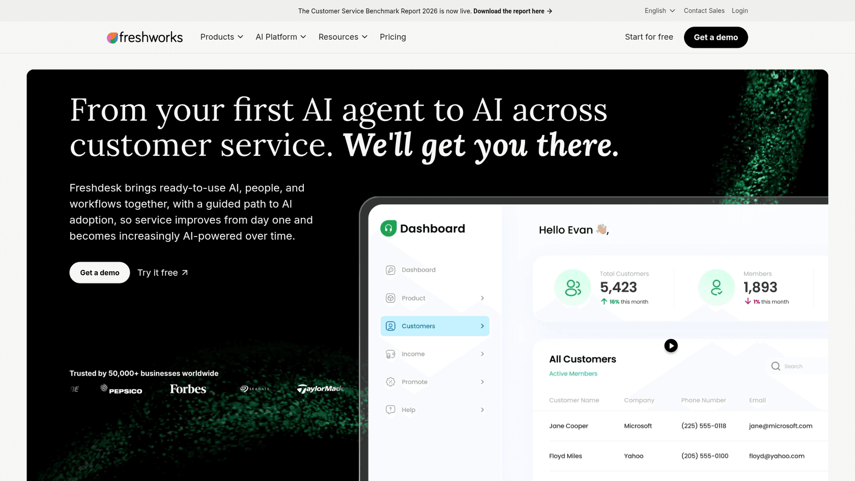 Freshdesk's homepage with the headline From your first AI agent to AI across customer service, as taken from Freshworks