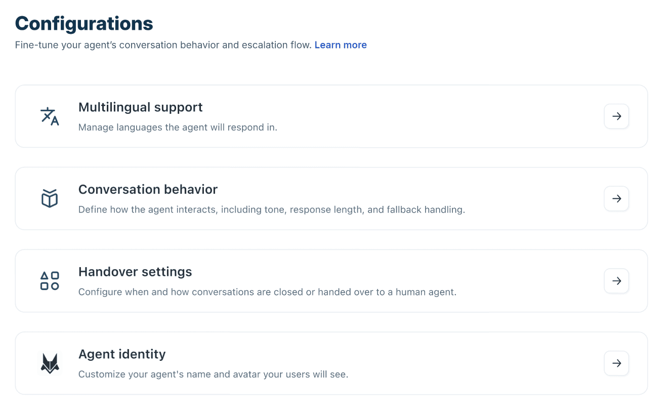 The Freddy AI Agent Configurations page in Freshdesk, with cards for Multilingual support, Conversation behavior, Handover settings and Agent identity, as taken from Freshdesk's Chat AI Agent setup doc