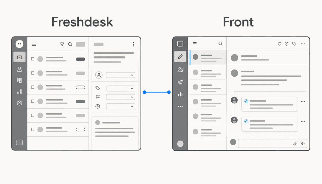 Freshdesk ticketing interface and Front shared inbox compared side by side