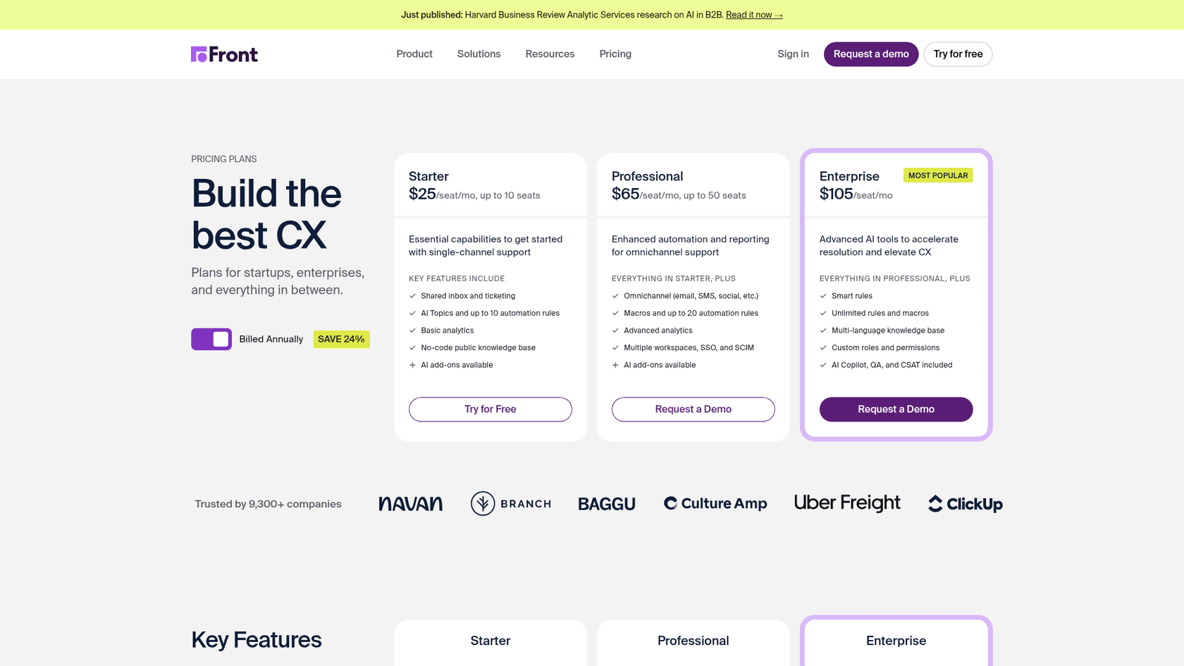 Front's pricing page in October 2026, showing Starter at $25, Professional at $65 and Enterprise at $105 per seat per month, as taken from Front