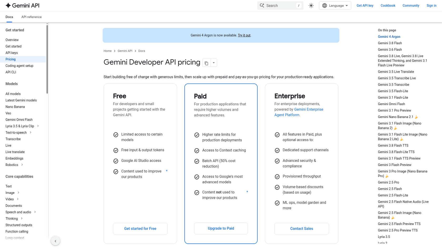 Google's Gemini Developer API pricing page, with the "Gemini 4 Argon is now available" banner and a model list on the right that starts at Gemini 4 Argon and has no Gemini 4 Carbon entry, captured from Google AI for Developers