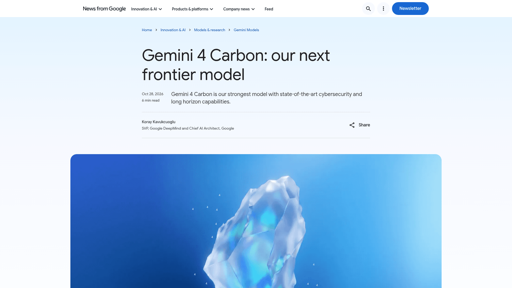 The Gemini 4 Carbon launch post on Google's blog, dated Oct 28, 2026 and bylined Koray Kavukcuoglu, as captured from Google