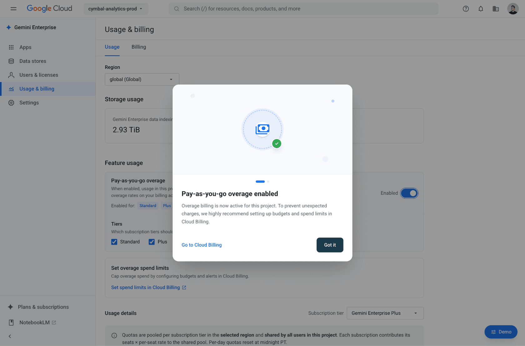 Gemini Enterprise usage and billing screen in Google Cloud with a "Pay-as-you-go overage enabled" dialog recommending budgets and spend limits in Cloud Billing, as taken from Google Cloud