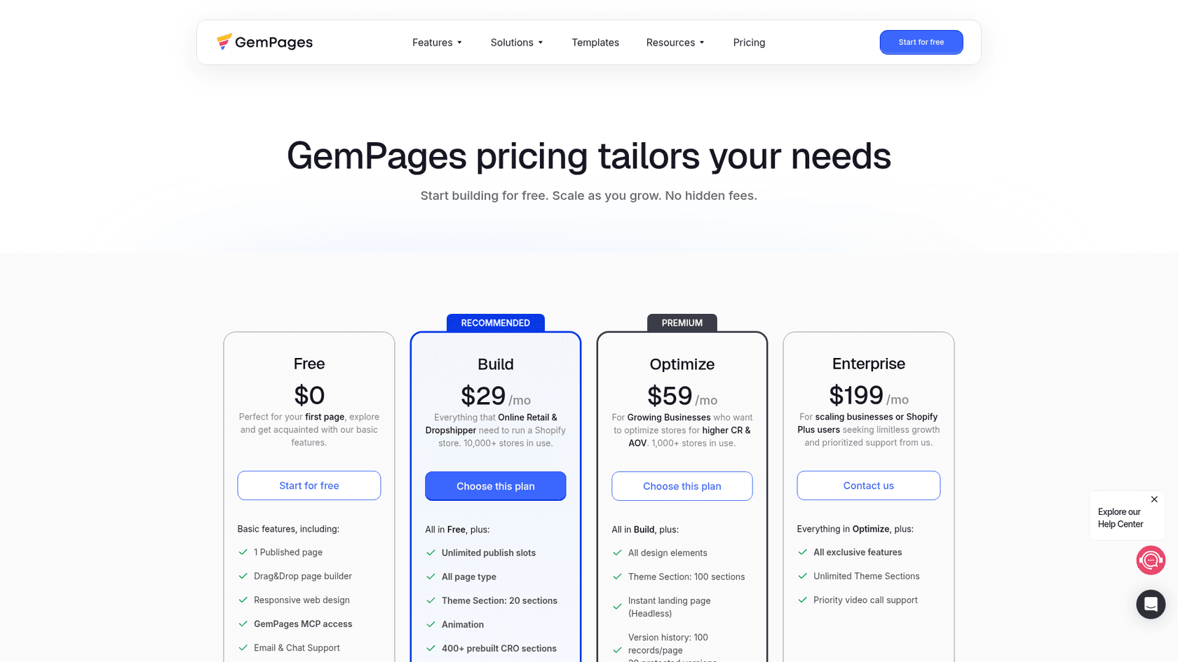 GemPages pricing page with Free, Build, Optimize and Enterprise plans, as captured from GemPages