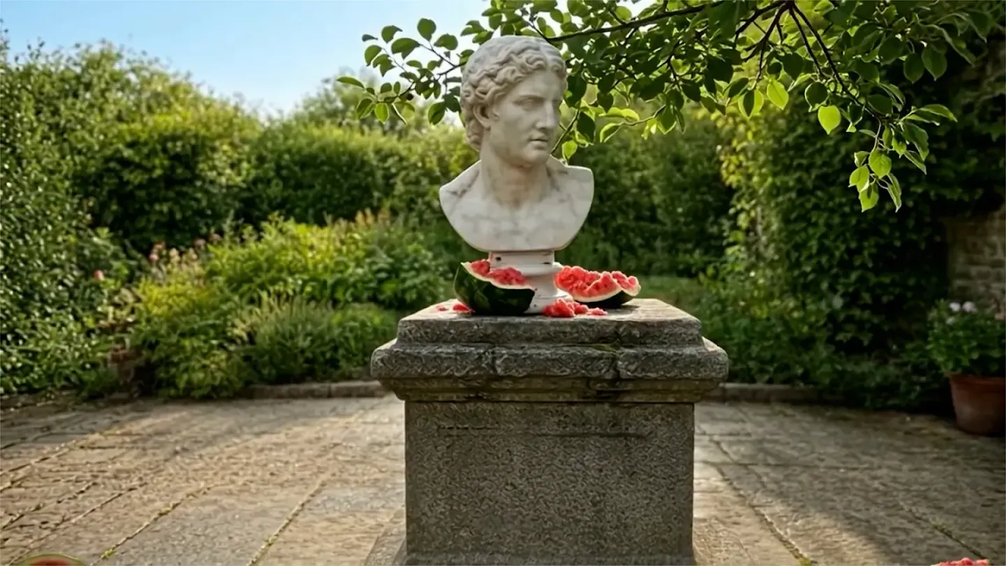 Genie 4 demo frame of a marble bust sitting on a smashed watermelon on a stone plinth in a garden, as taken from Google DeepMind's Genie 4 page